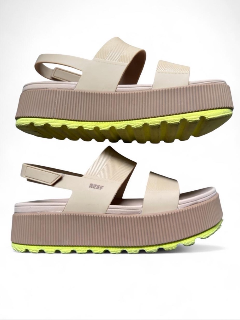 REEF Vista Water Higher Beige Platform Sandals with Neon Lime Yellow Sole